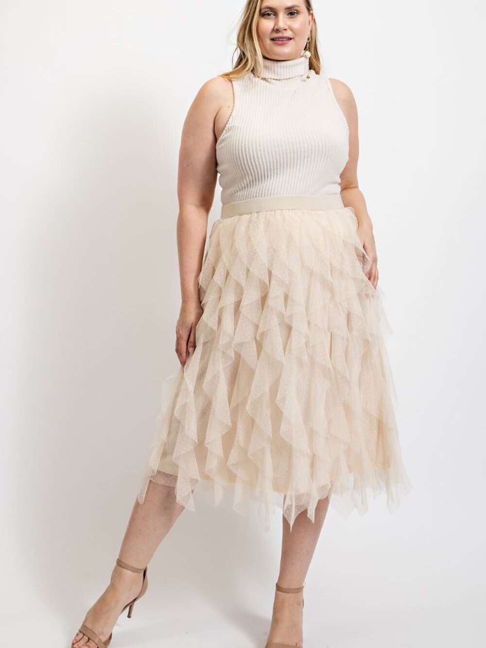 Plus Size Ruffled Tulle Midi Skirt with Elastic Waist Band